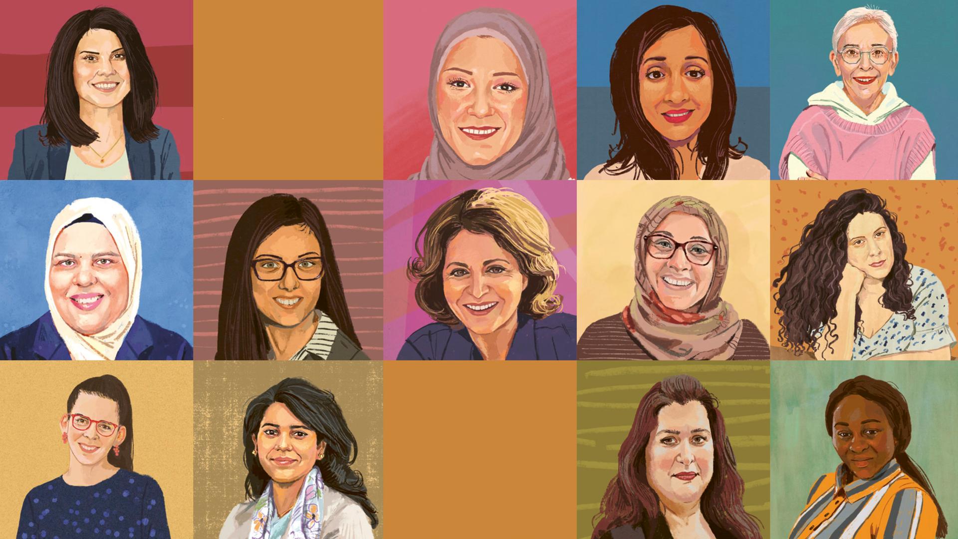 Eine Collage aus 13 gezeichneten Frauenporträts auf orangefarbenem Grund. Es ist das Cover des Buches "Moderne Muslimas: Kindheit - Karriere - Klischees" von Kerstin Finkelstein. Eine Collage aus 13 gezeichneten Frauenporträts auf orangefarbenem Grund. Es ist das Cover des Buches "Moderne Muslimas: Kindheit - Karriere - Klischees" von Kerstin Finkelstein.