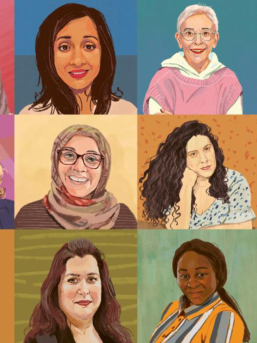 Eine Collage aus 13 gezeichneten Frauenporträts auf orangefarbenem Grund. Es ist das Cover des Buches "Moderne Muslimas: Kindheit - Karriere - Klischees" von Kerstin Finkelstein.