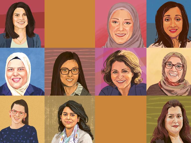 Eine Collage aus 13 gezeichneten Frauenporträts auf orangefarbenem Grund. Es ist das Cover des Buches "Moderne Muslimas: Kindheit - Karriere - Klischees" von Kerstin Finkelstein.