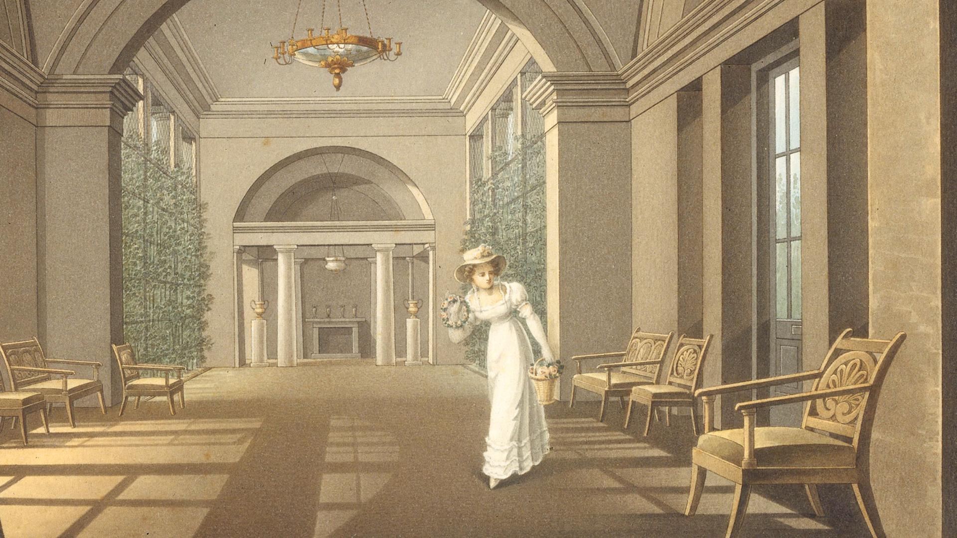 Mascha soll einen einflussreichen, sehr alten Grafen heiraten. Nur Dubrowski kann sie noch retten. Zu sehen: Aquarell Pawlowsk bei St. Petersburg  von Charles Cameron, um 1780). 