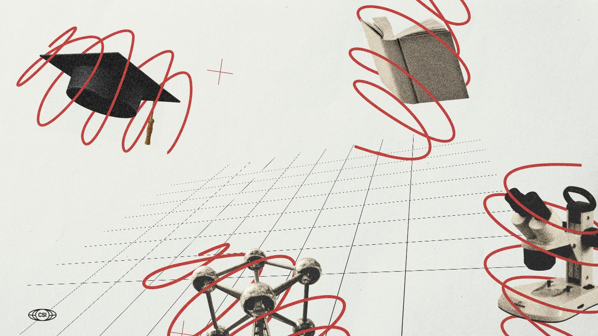 Illustration zum Recherche-Projekt China Science Investigation. Zu sehen ist eine Collage mit einem Mikroskop, einem Talar, einem Buch und einer Art Atomium, allesamt umringt von roten Bändern. Illustration zum Recherche-Projekt China Science Investigation. Zu sehen ist eine Collage mit einem Mikroskop, einem Talar, einem Buch und einer Art Atomium, allesamt umringt von roten Bändern.