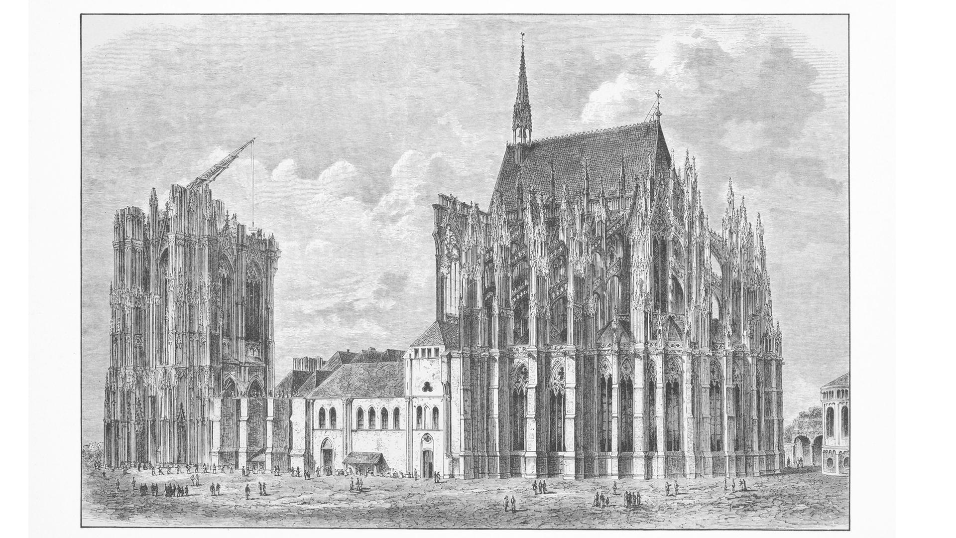(Historischer Stich des unvollendeten Doms vo dem Weiterbau) Der Kölner Dom stand seit dem Baustopp 1528 als Torso, der Baukran über dem Südturm "wurde zum Symbol für eine zurückgebliebene Stadt." Erst 1823 wurde mit der Fertigstellung begonnen.  
