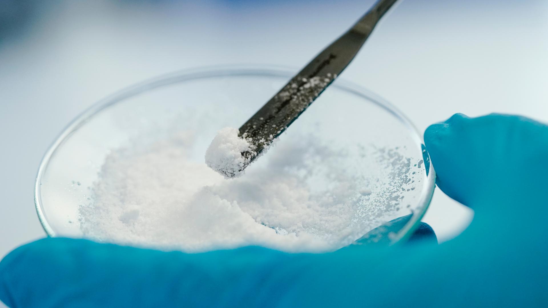 Eine Mitarbeiterin hält in einem Labor der Vulcan Energie eine Glasschale mit Lithiumchlorid in den Händen. Eine Mitarbeiterin hält in einem Labor der Vulcan Energie eine Glasschale mit Lithiumchlorid in den Händen.