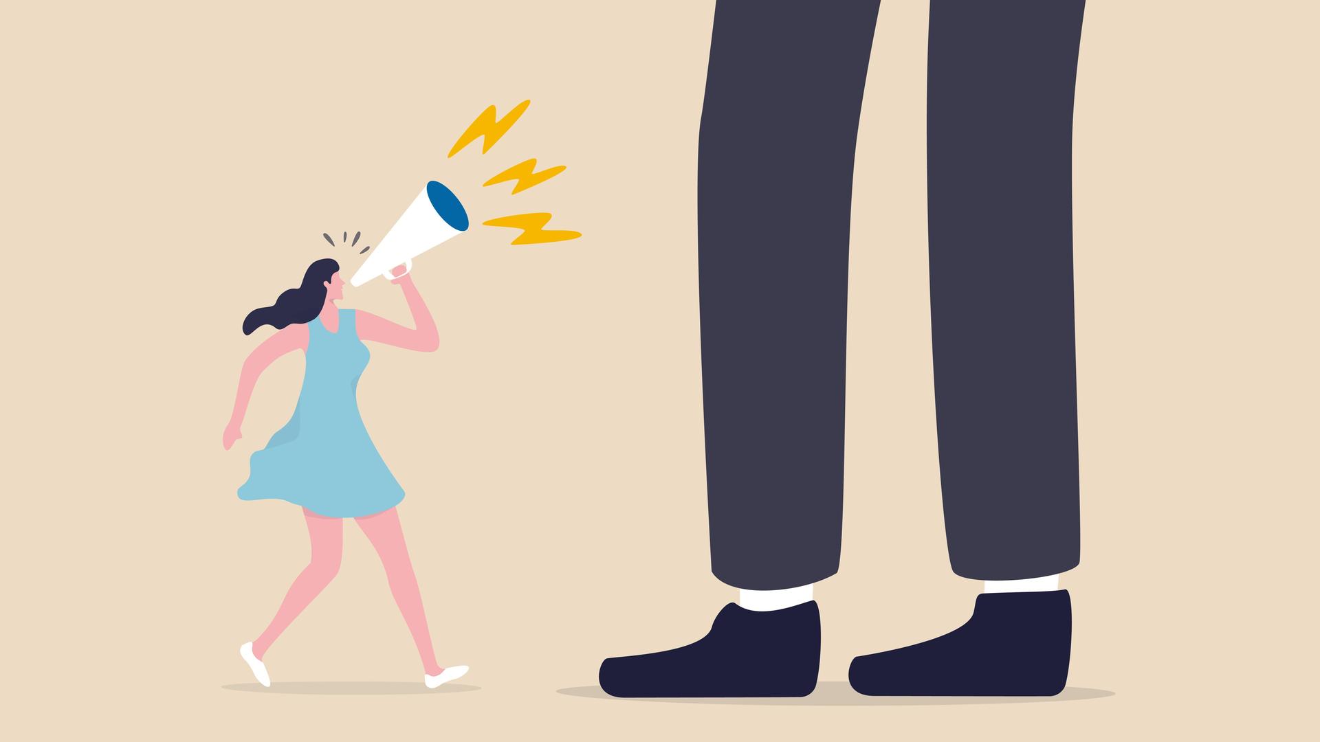 Illustration: Eine kleine Frau schreit in ein Megafon vor den übergrossen Füssen eines Mannes. Illustration: Eine kleine Frau schreit in ein Megafon vor den übergrossen Füssen eines Mannes.