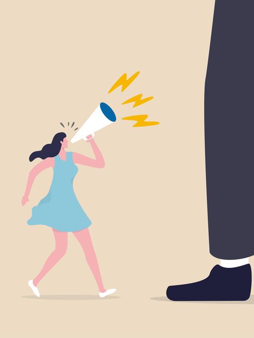 Illustration: Eine kleine Frau schreit in ein Megafon vor den übergrossen Füssen eines Mannes.