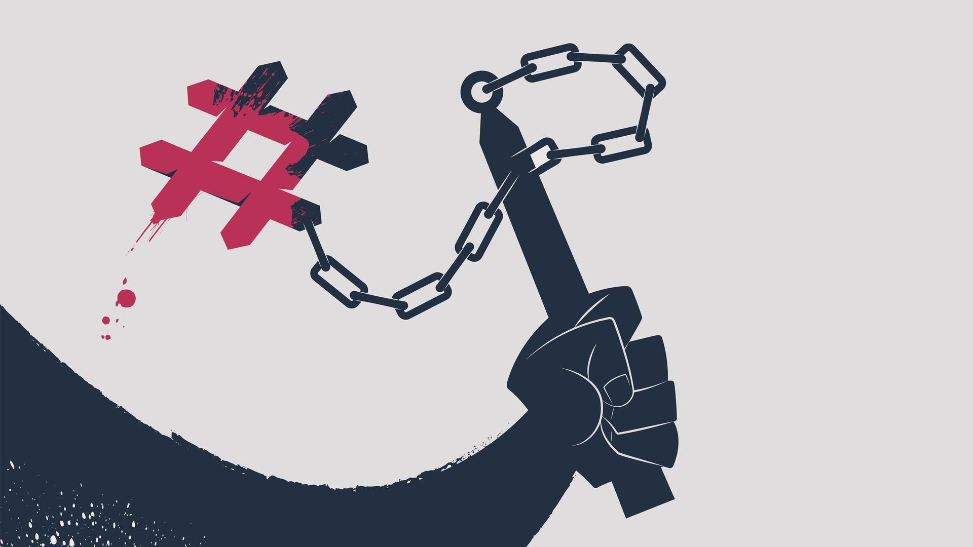 Illustration einer Hand mit einer schwingenden Kettenkeule, an deren Ende ein rot eingefärbtes Hashtag-Zeichen befestigt ist. Illustration einer Hand mit einer schwingenden Kettenkeule, an deren Ende ein rot eingefärbtes Hashtag-Zeichen befestigt ist.