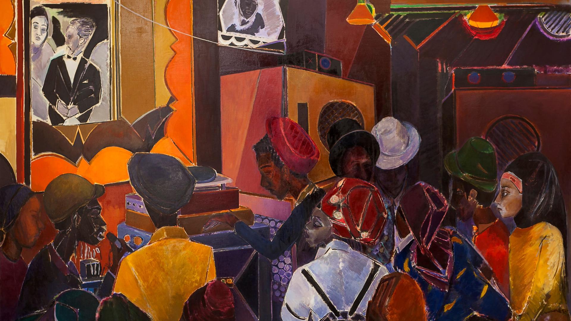 Das farbintensive Bild von Denzil Forrester mit dem Titel "Jah Shaka" zeigt eine Menschenmenge die Musik hört und dabei beobachtet wird. Das farbintensive Bild von Denzil Forrester mit dem Titel "Jah Shaka" zeigt eine Menschenmenge die Musik hört und dabei beobachtet wird.