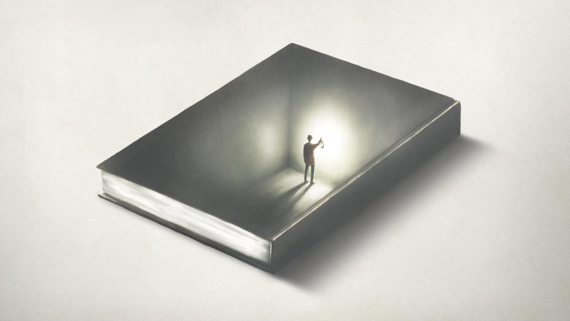 Illustration: Ein Mann in einem Buch hält eine Laterne, eine optische Illusion. Illustration: Ein Mann in einem Buch hält eine Laterne, eine optische Illusion.