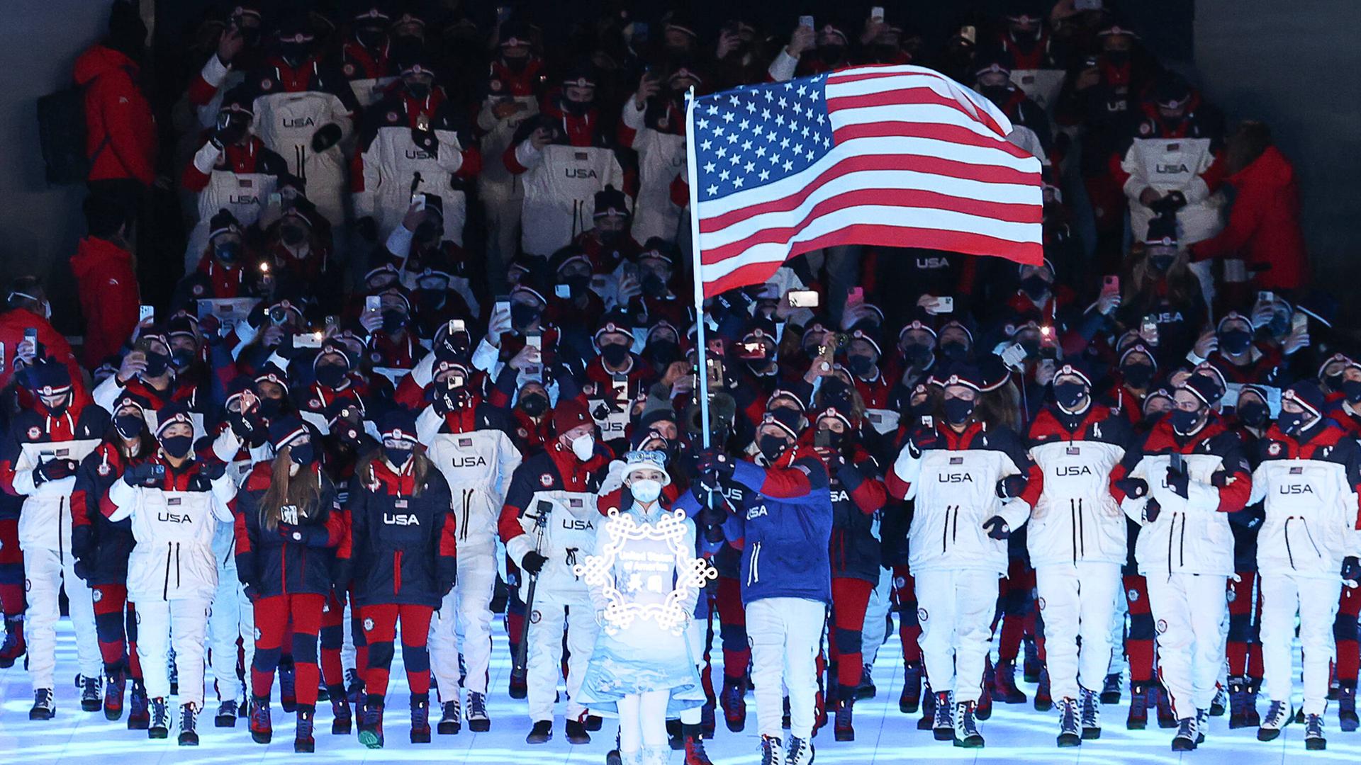 BEIJING, CHINA FEBRUARY 4, 2022: Delegation from the United States takes part in the Parade of Nations at the opening BEIJING, CHINA FEBRUARY 4, 2022: Delegation from the United States takes part in the Parade of Nations at the opening