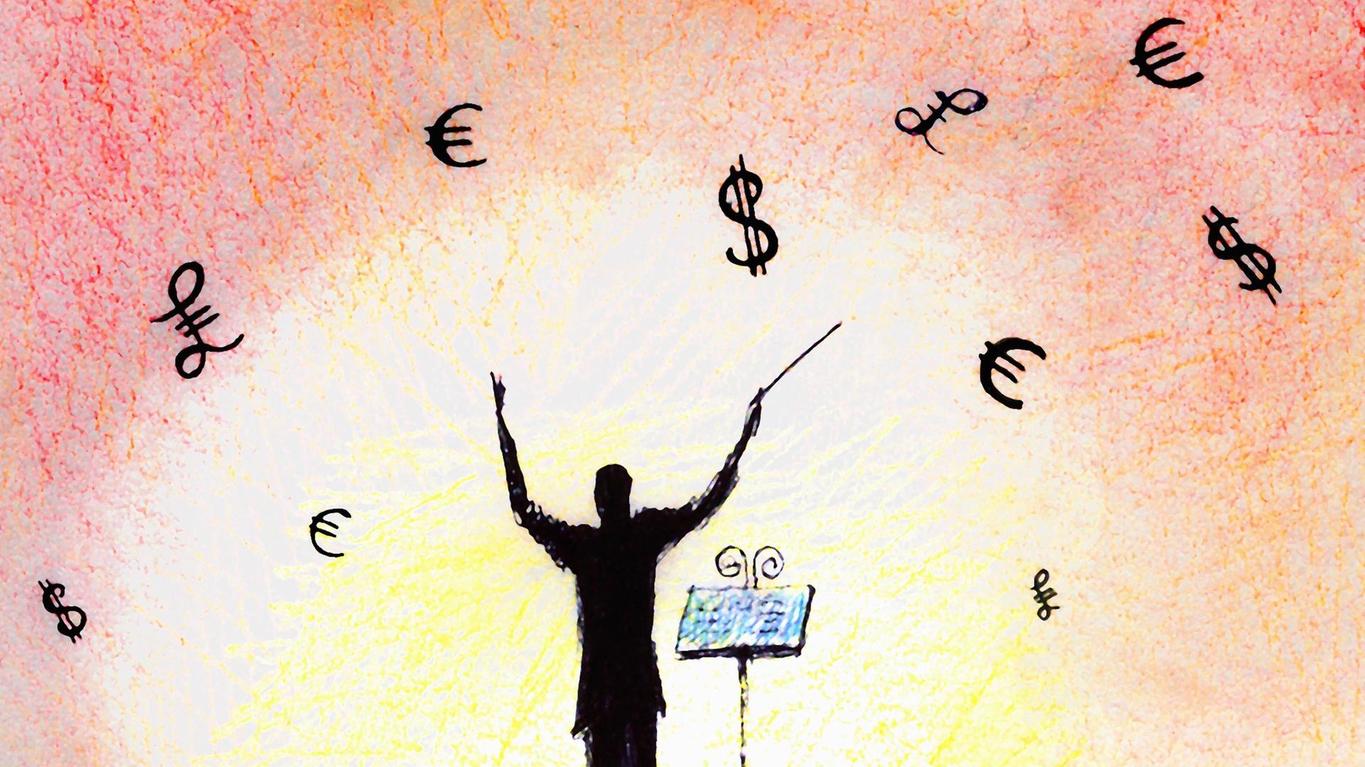 Illustration: Geldsymbole über einem Dirigenten.