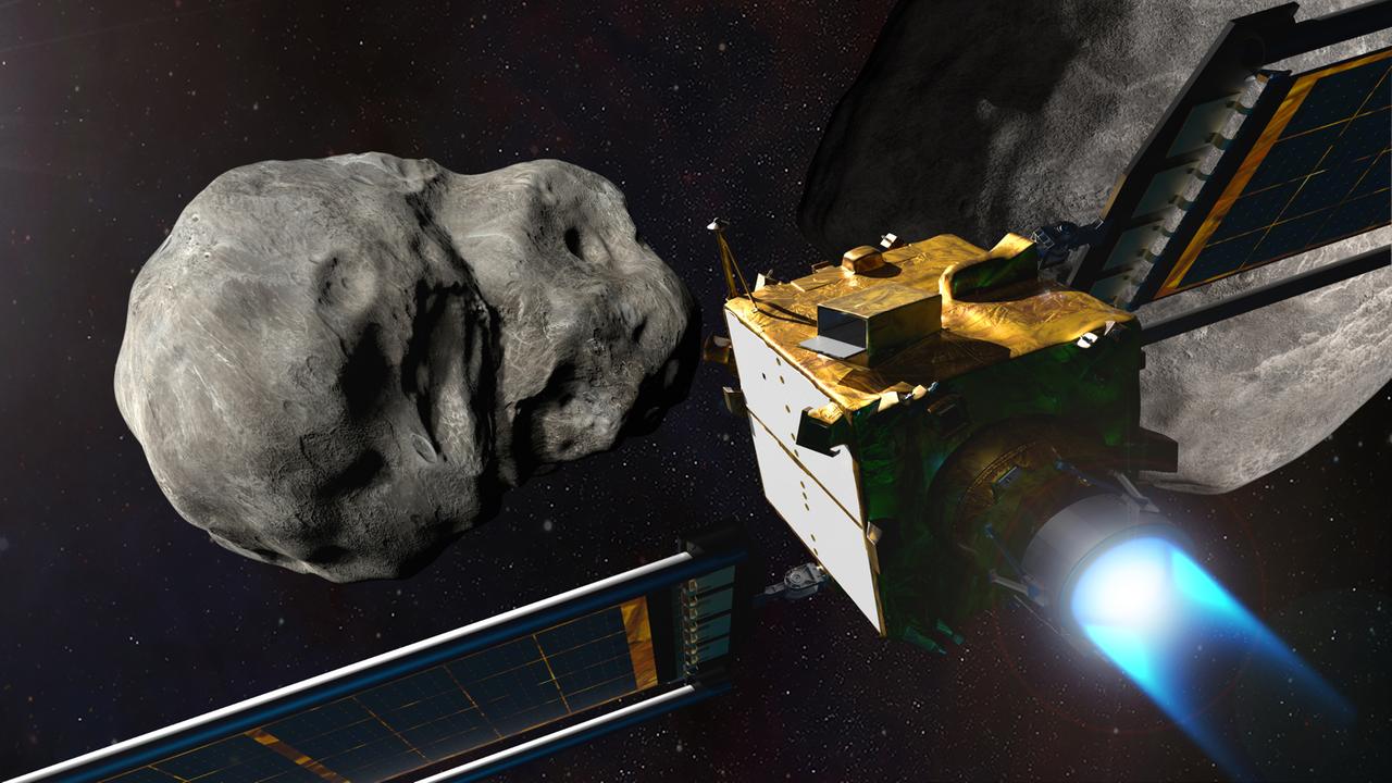 Die NASA-Sonde DART kurz vor dem Einschlag in den Asteroidenmond  Dimorphos (Illustration) (JHU/NASA)