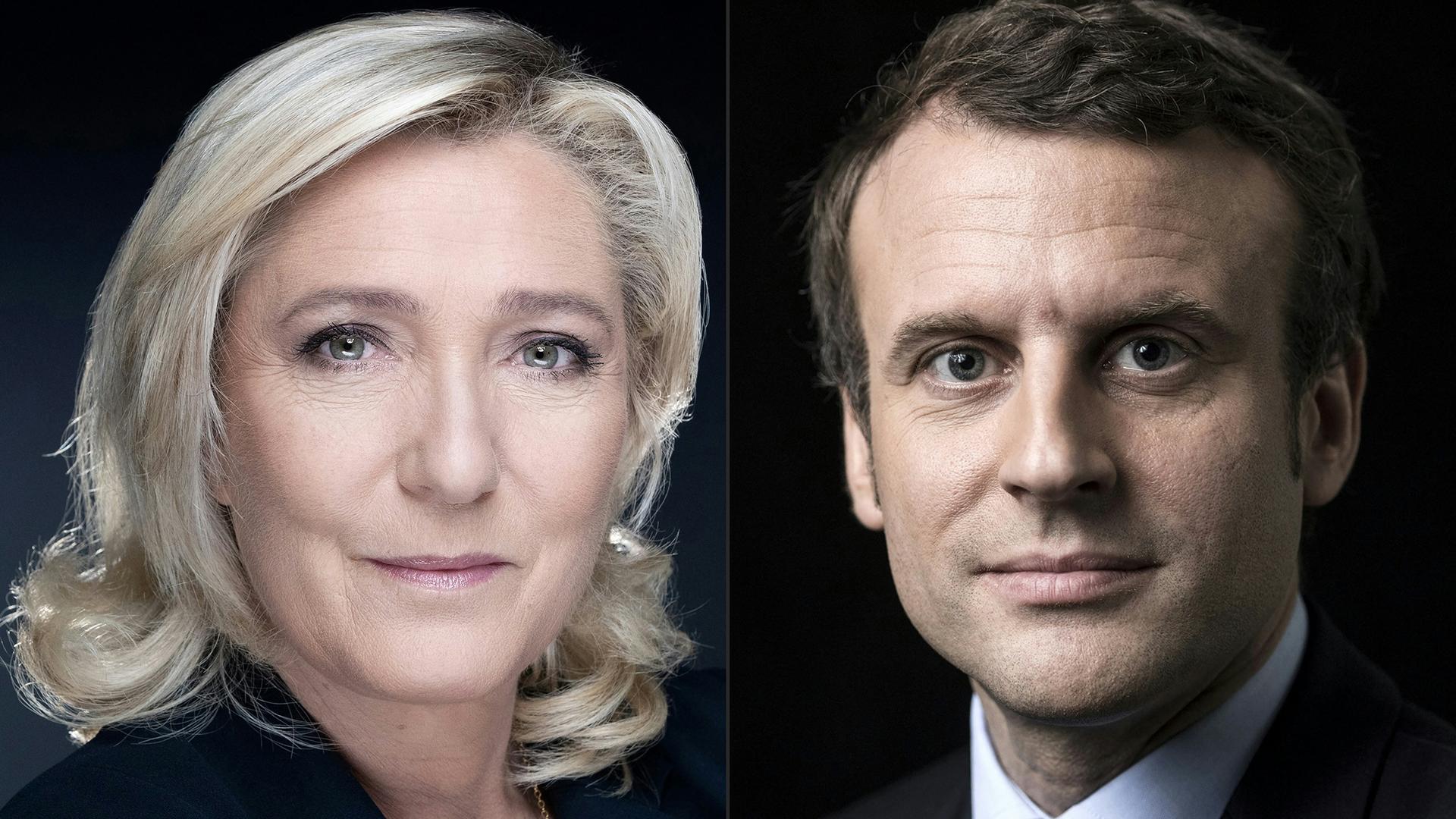 Links auf dem Bild ist Marine Le Pen und rechts sieht man Emmanuel Macron. Links auf dem Bild ist Marine Le Pen und rechts sieht man Emmanuel Macron.