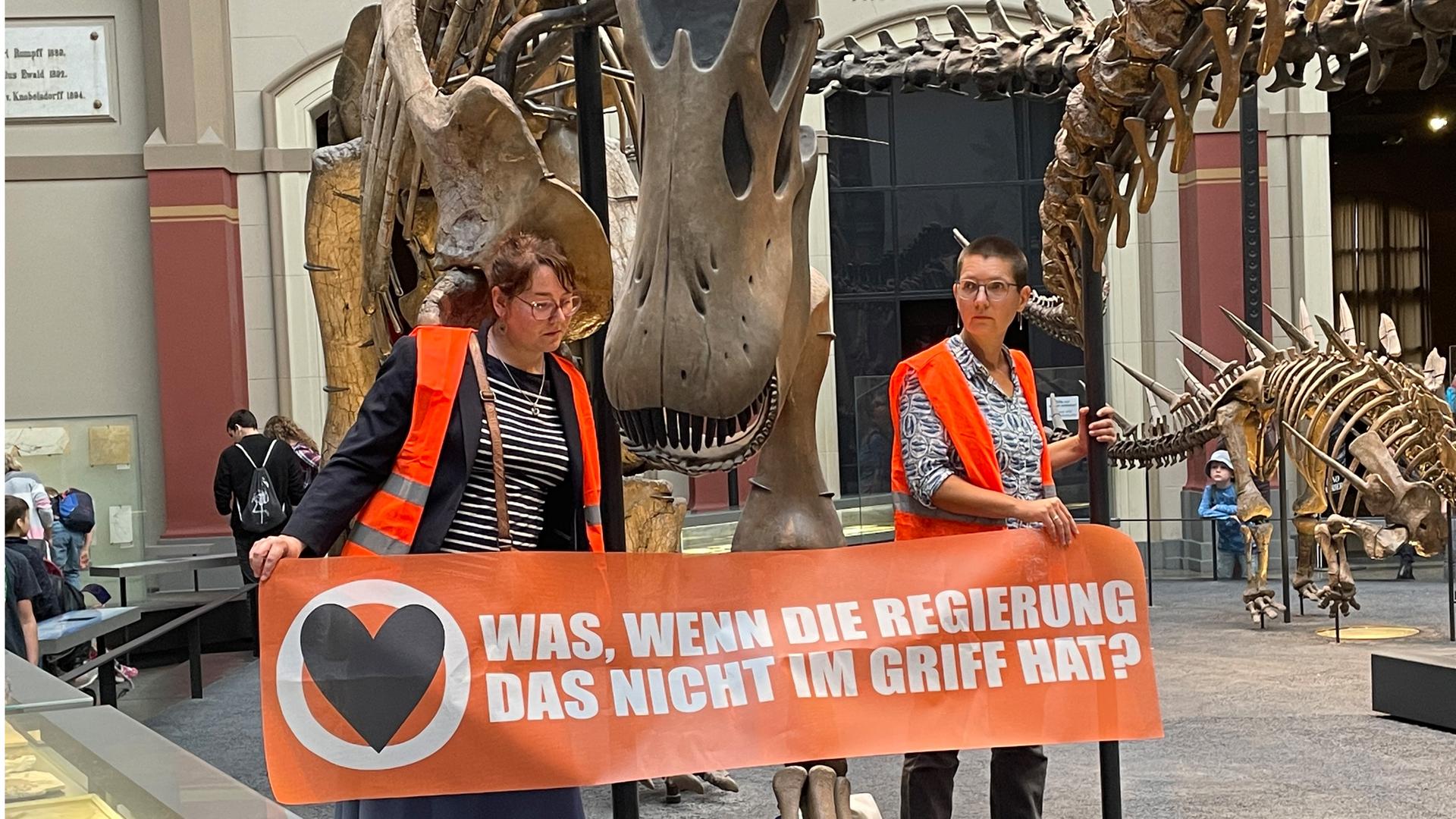 Zwei Klimaaktivistinnen mit einem Banner "Was, wenn die Regierung das nicht im Griff hat?" an den Haltestangen eines Dinosauriers festgeklebt. Zwei Klimaaktivistinnen mit einem Banner "Was, wenn die Regierung das nicht im Griff hat?" an den Haltestangen eines Dinosauriers festgeklebt.