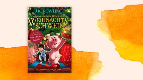 Das Cover des Buches "Jacks wundersame Reise mit dem Weihnachtsschwein" von J.K Rowling vor einem grafischen Hintergrund.