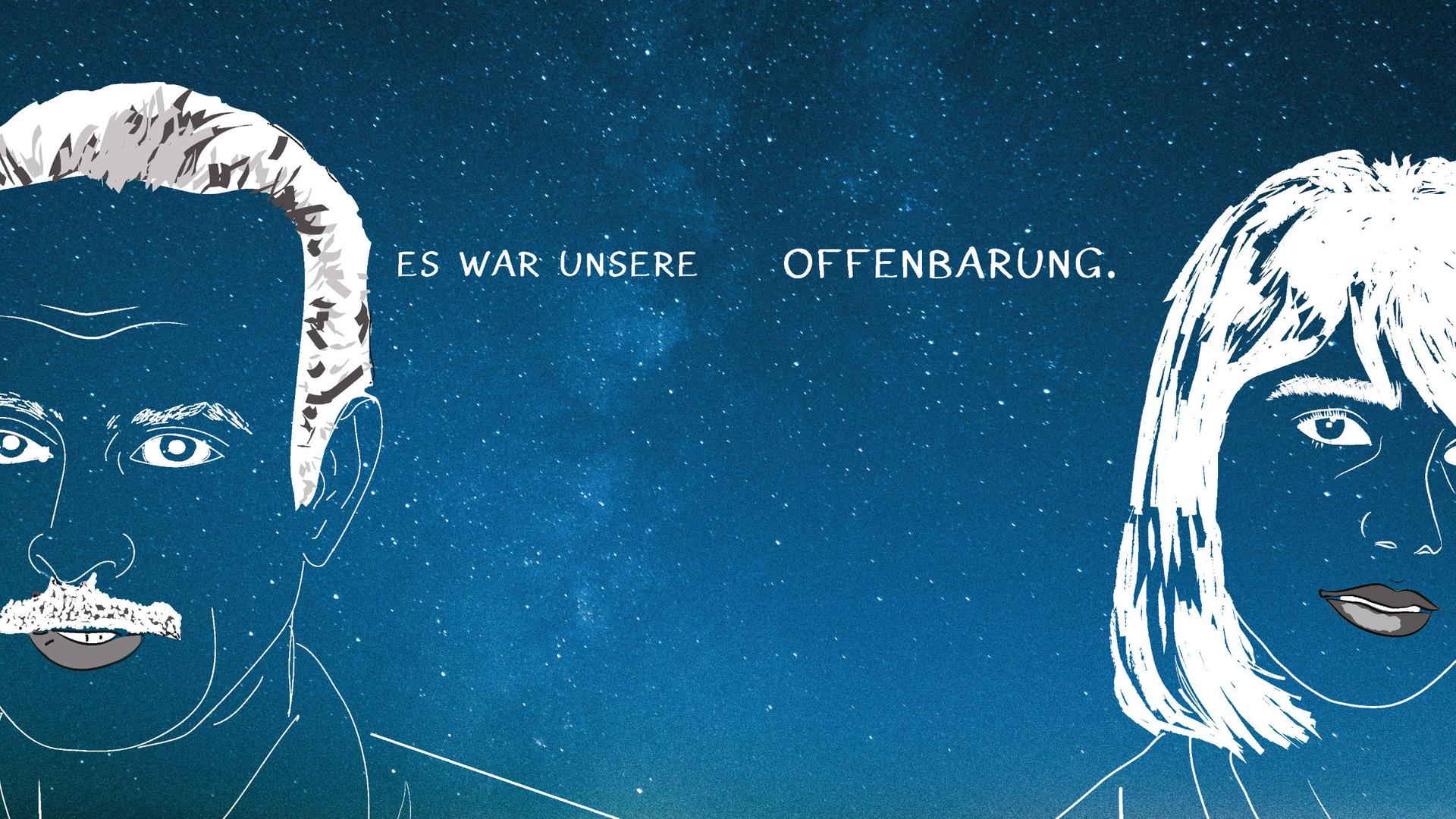 Grafik: zwei Personen vor einem Sternenhimmel. Grafik: zwei Personen vor einem Sternenhimmel.