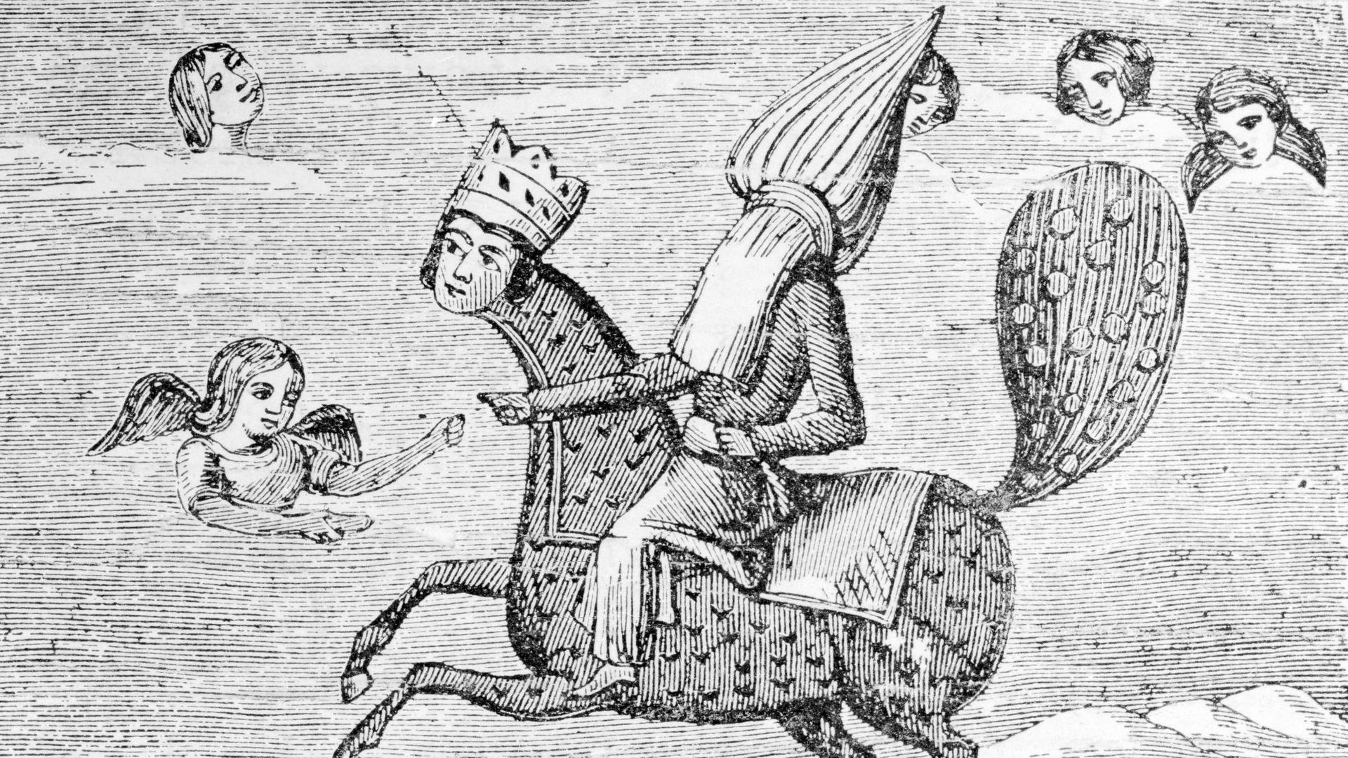 Prophet Mohammed reitet auf einem Pferd im Himmel, mit verdecktem Kopf. Eine historische persische Abbildung. Prophet Mohammed reitet auf einem Pferd im Himmel, mit verdecktem Kopf. Eine historische persische Abbildung.