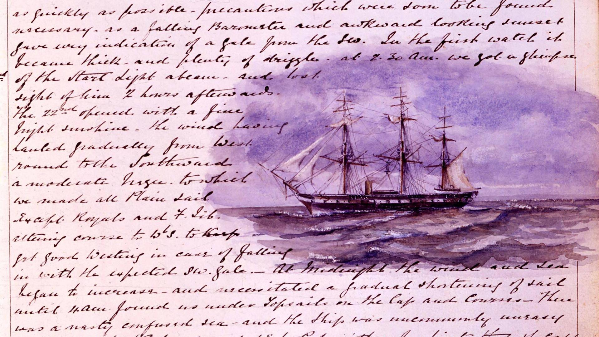 Die erste Seite aus Lieutenant Pelham Aldrichs Tagebuch zeigt das Segelschiff HMS Challenger. Aldrich diente auf der Challenger von 1872 bis 1875. Die erste Seite aus Lieutenant Pelham Aldrichs Tagebuch zeigt das Segelschiff HMS Challenger. Aldrich diente auf der Challenger von 1872 bis 1875.