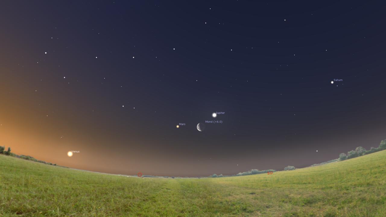 Die Planetenkette ist jetzt jeden Morgen zu beobachten – Mittwoch früh steht der Mond zwischen den Planeten Jupiter und Mars. (Stellarium) Die Planetenkette ist jetzt jeden Morgen zu beobachten – Mittwoch früh steht der Mond zwischen den Planeten Jupiter und Mars. (Stellarium)