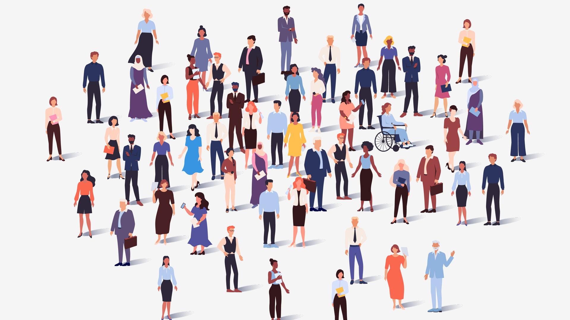 Illustration: Eine große Menschengruppe steht zusammen. Illustration: Eine große Menschengruppe steht zusammen.