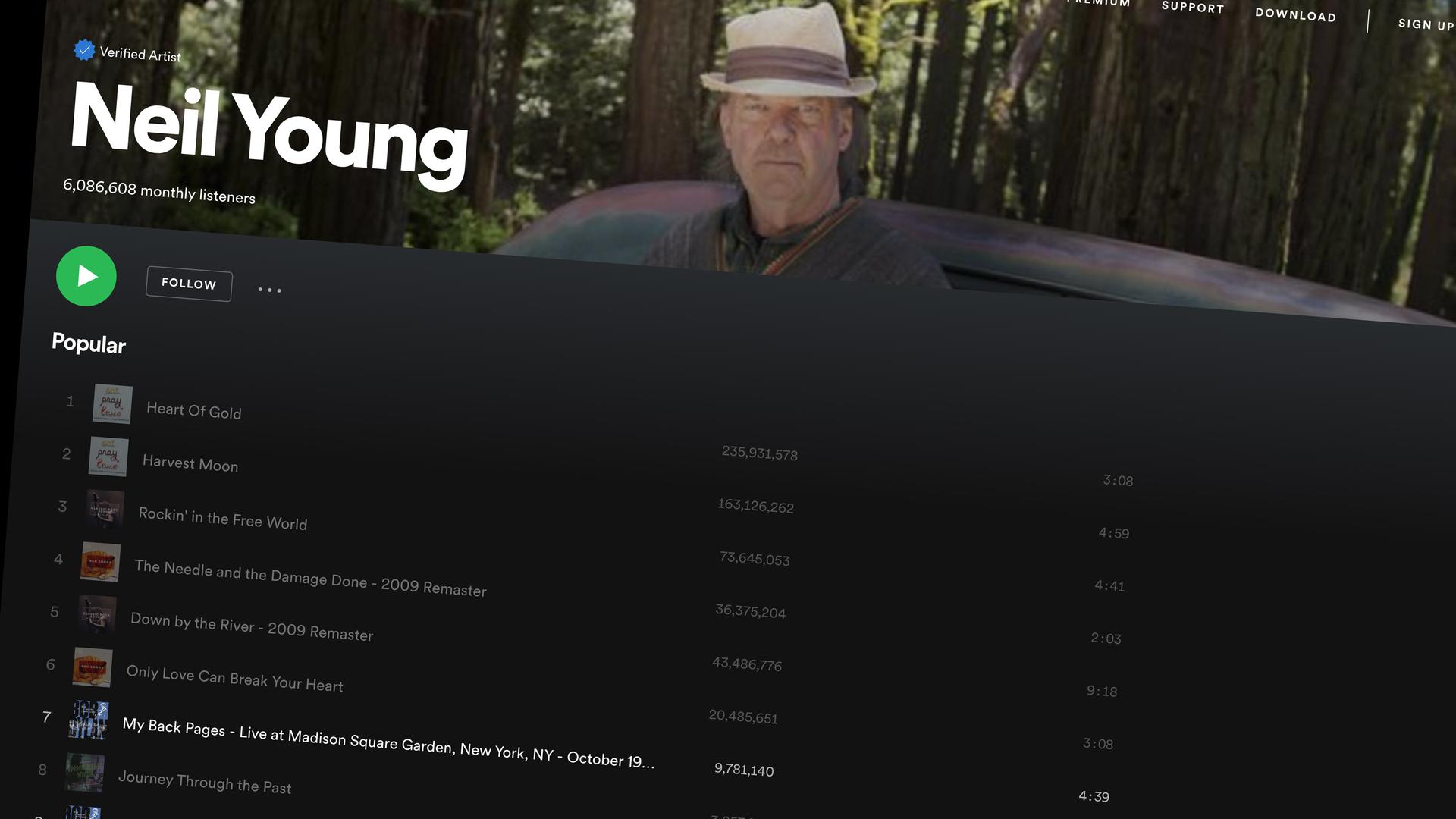Neil Young auf Spotify. Seine Songs sind ausgegraut und nicht mehr abspielbar.
Neil Young auf Spotify. Seine Songs sind ausgegraut und nicht mehr abspielbar.
