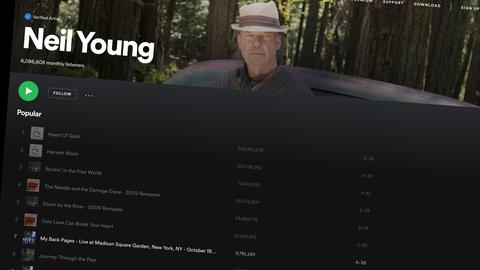 Neil Young auf Spotify. Seine Songs sind ausgegraut und nicht mehr abspielbar.
