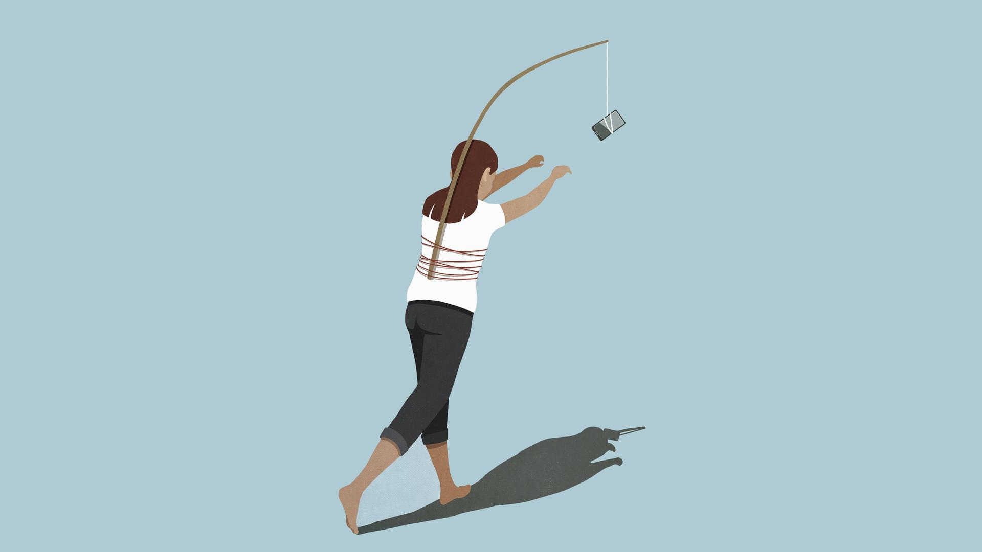 Illustration: Eine Frau jagt einem Mobiltelefon hinterher, das auf Ihrem Rücken an eine Angel gebunden ist.