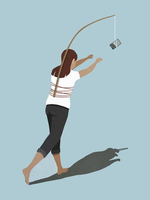 Illustration: Eine Frau jagt einem Mobiltelefon hinterher, das auf Ihrem Rücken an eine Angel gebunden ist.
