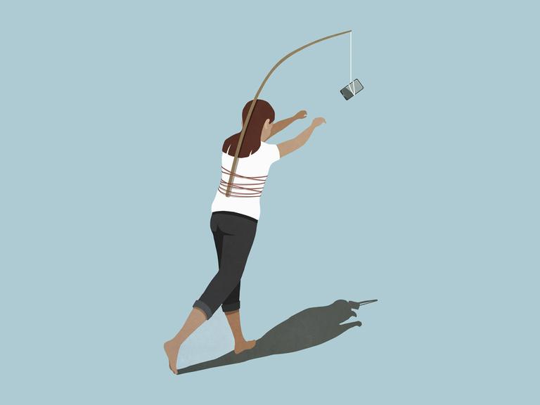 Illustration: Eine Frau jagt einem Mobiltelefon hinterher, das auf Ihrem Rücken an eine Angel gebunden ist.