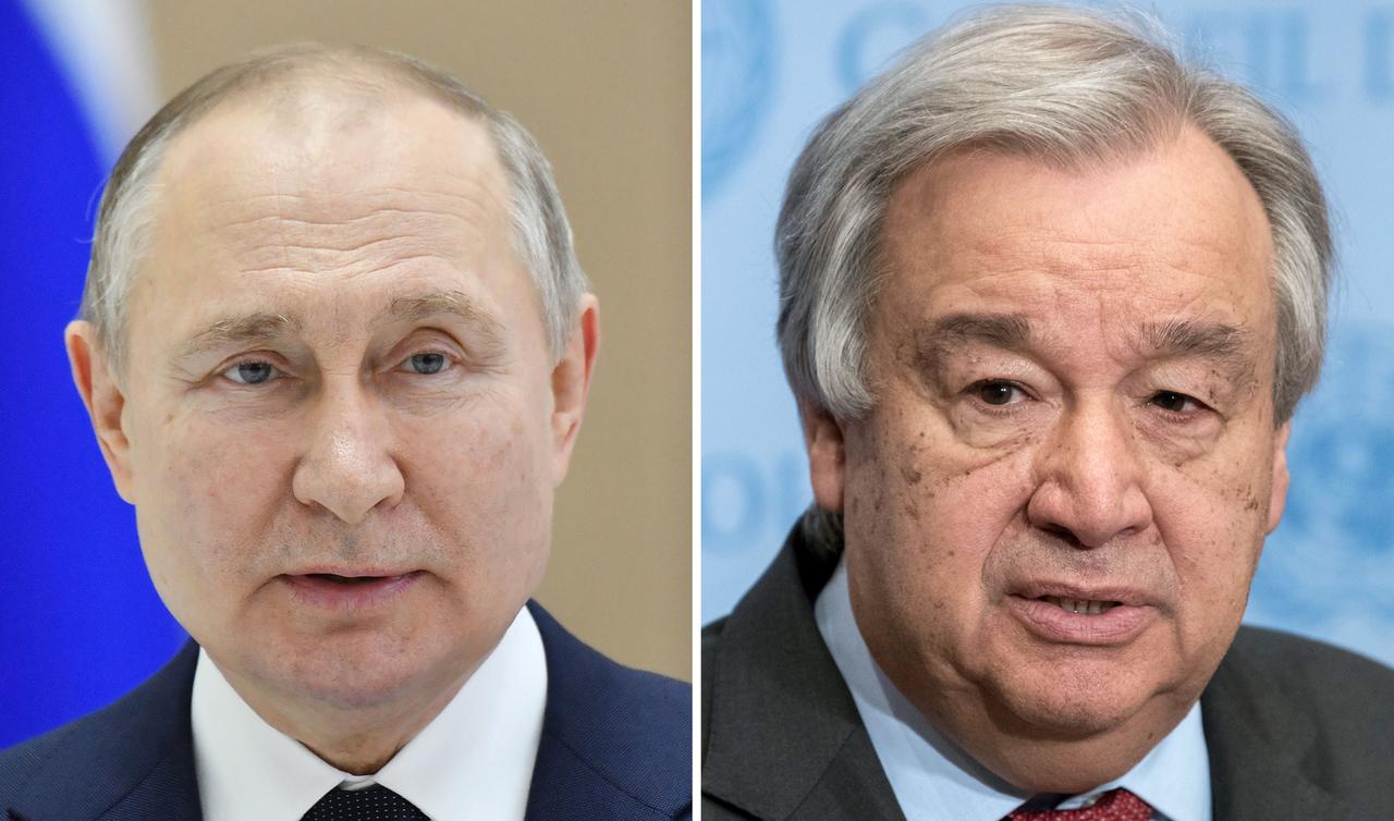 Bildkombo mit Russlands Präsident Wladimir Putin (links) und UNO-Genealsekretär António Guterres (rechts)