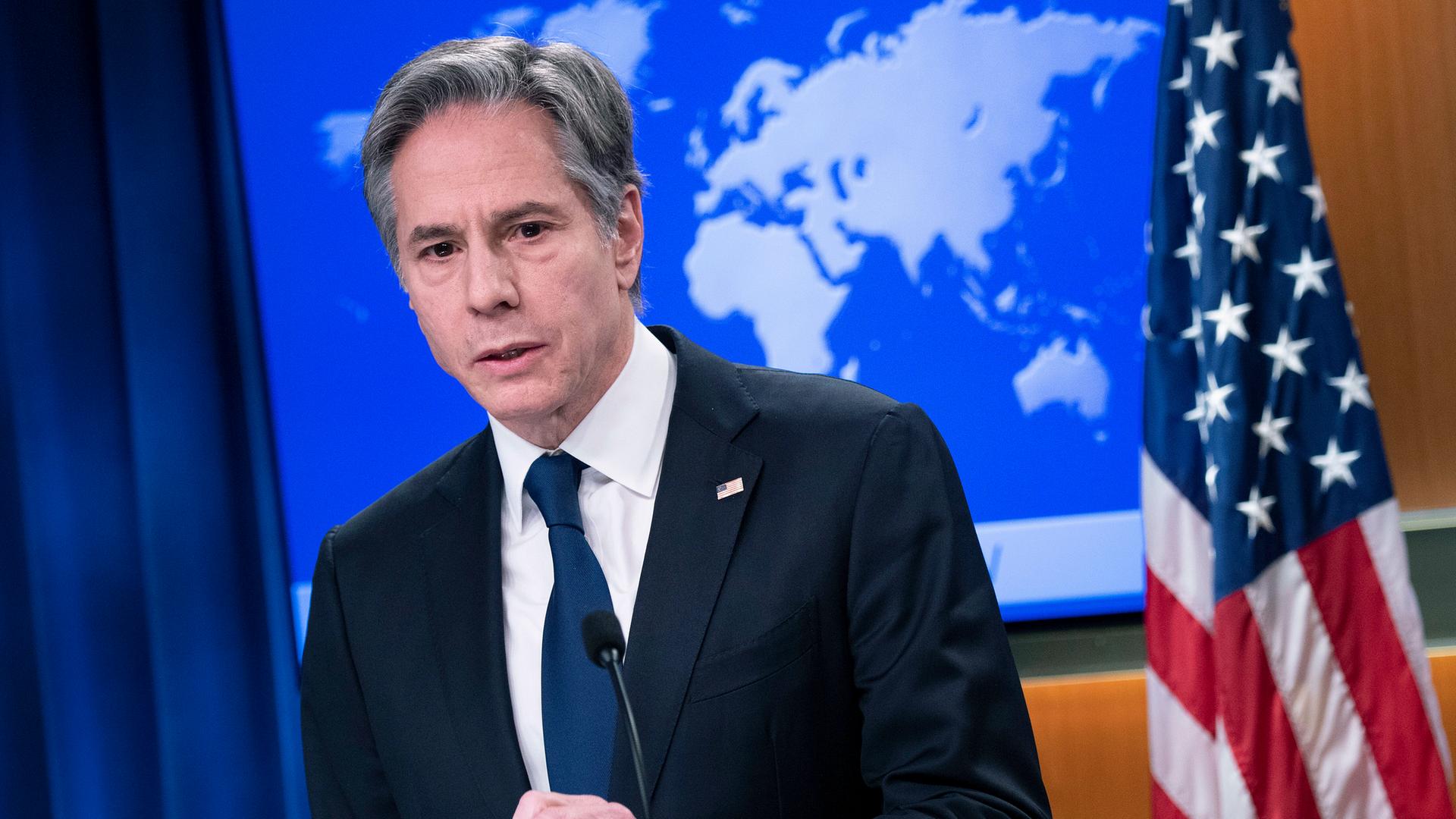 US-Außenminister Antony Blinken auf einer Pressekonferenz zum Konflikt mit Russland und der Ukraine-Krise US-Außenminister Antony Blinken auf einer Pressekonferenz zum Konflikt mit Russland und der Ukraine-Krise