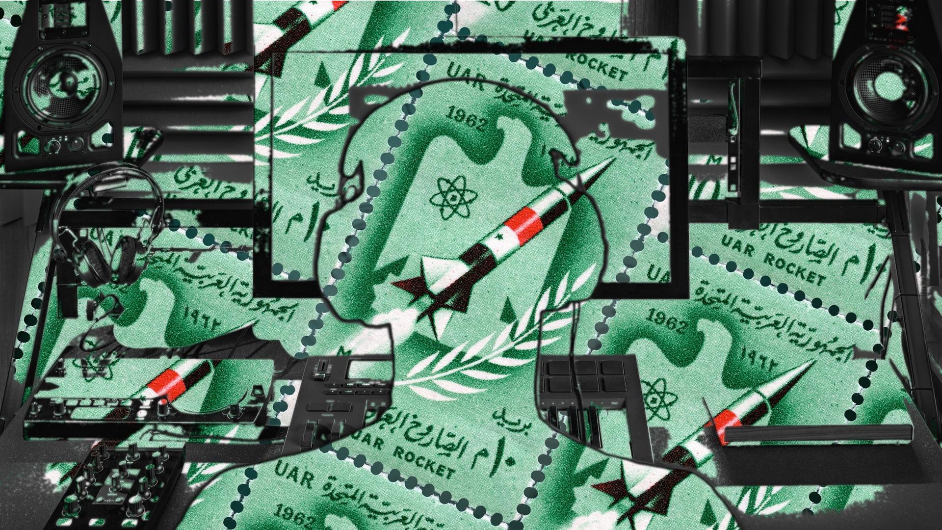 Collage: Ein Mensch in einem Tonstudio mit Computer, Mikrofon, Kopfhörern. Das Bild ist teilweise transparent. Darunter sieht man das "Die Experten"-Serienmotiv: Briefmarken auf grünem Grund mit Rakete darauf. Collage: Ein Mensch in einem Tonstudio mit Computer, Mikrofon, Kopfhörern. Das Bild ist teilweise transparent. Darunter sieht man das "Die Experten"-Serienmotiv: Briefmarken auf grünem Grund mit Rakete darauf.
