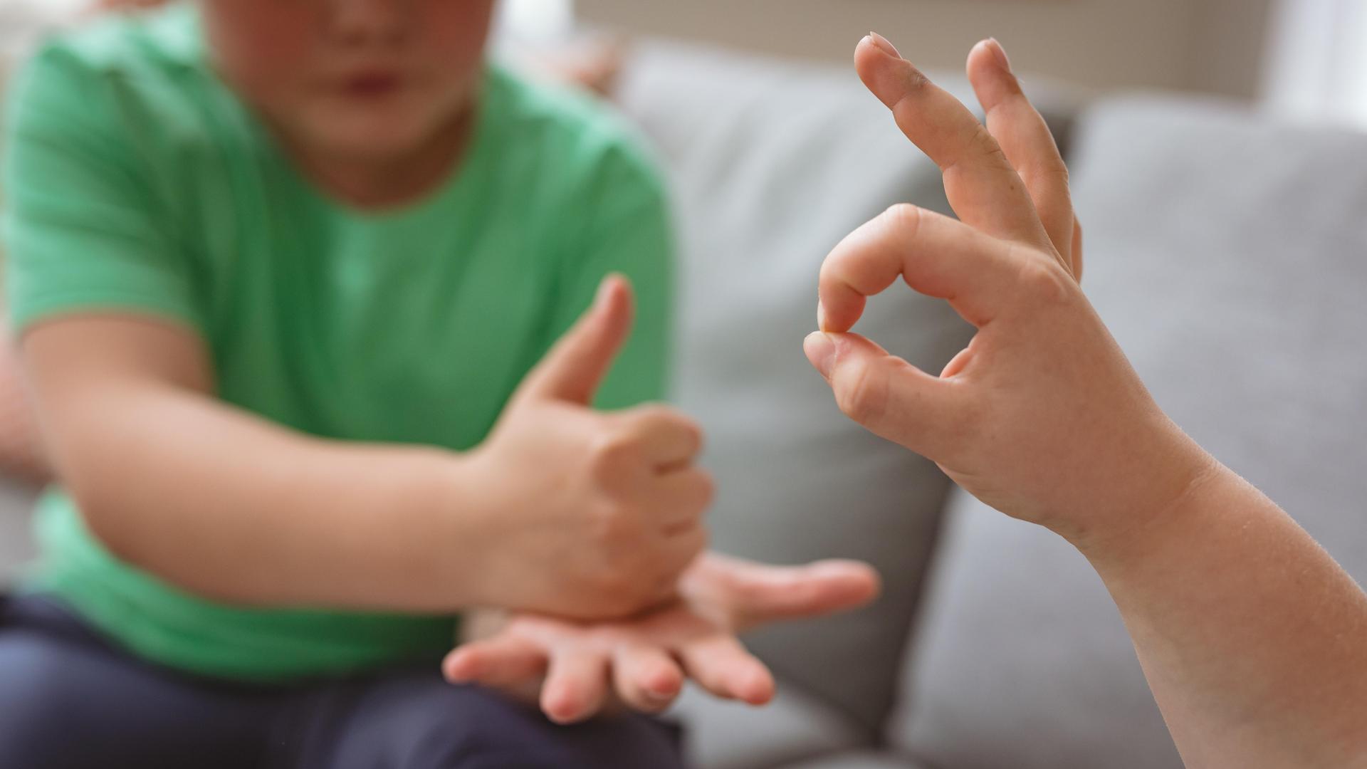 Zwei Jungen benutzen Gebärdensprache, um sich zu unterhalten.
