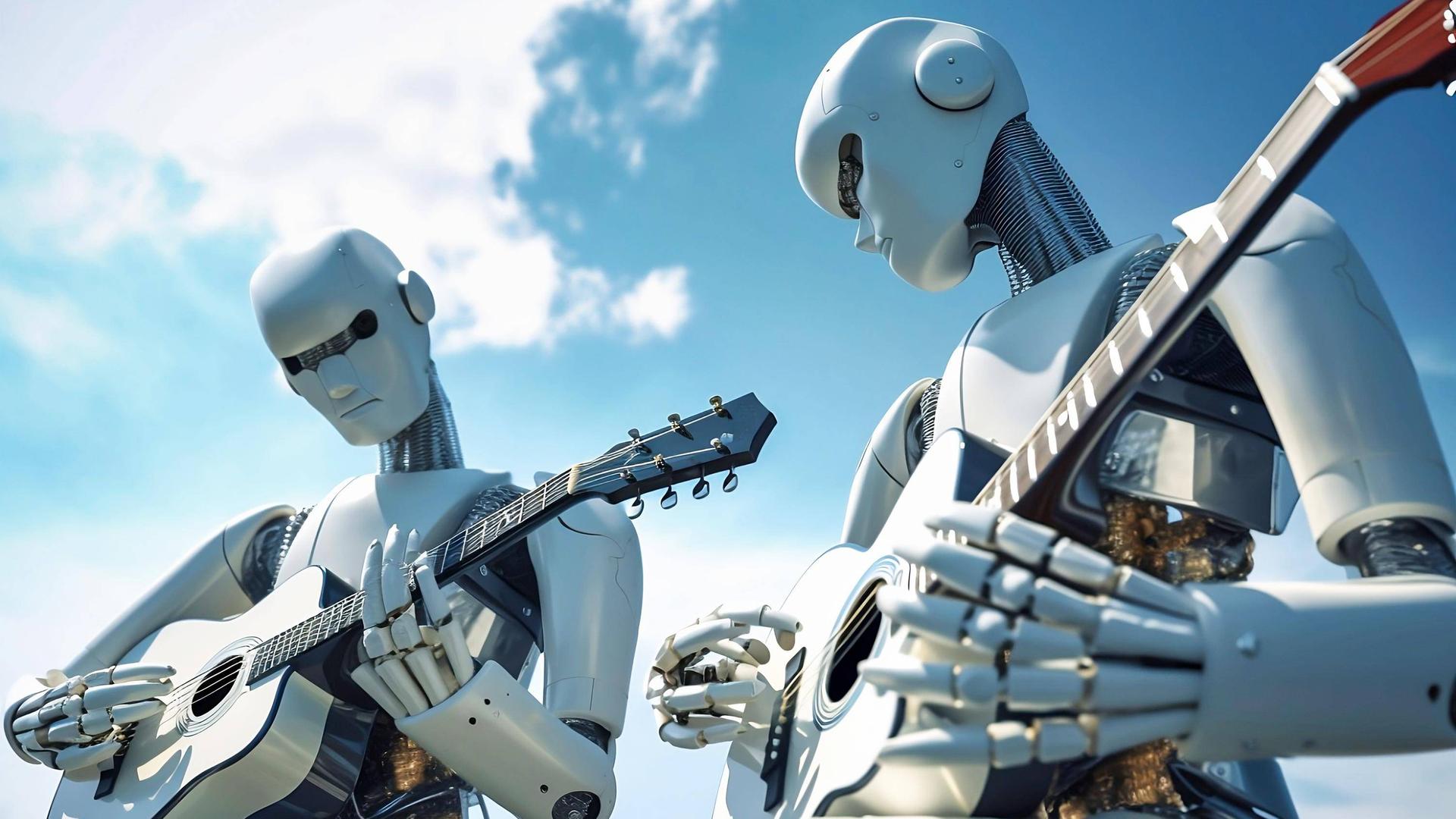 Zwei AI-Roboter spielen Gitarre, über ihnen ein blauer Himmel mit Wolken Zwei AI-Roboter spielen Gitarre, über ihnen ein blauer Himmel mit Wolken