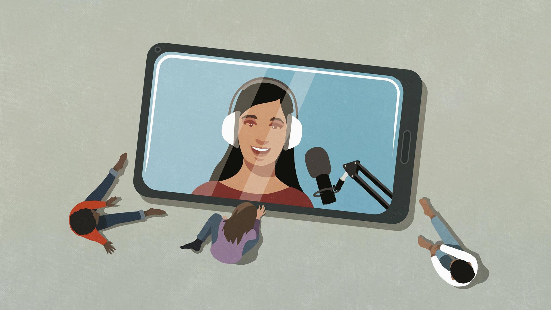 Illustration einer Frau mit Kopfhoerern vor einem Mikrofon auf einem Smartphonebildschirm. Das Smartphone liegt riesig auf dem Bode, davor sitzen Personen und hoeren bzw. sehen zu. Illustration einer Frau mit Kopfhoerern vor einem Mikrofon auf einem Smartphonebildschirm. Das Smartphone liegt riesig auf dem Bode, davor sitzen Personen und hoeren bzw. sehen zu.