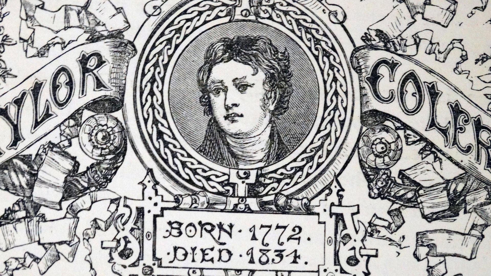 Zeitgenössisch Gravur mit dem Porträt des englischen Dichters der Romantik, Kritikers und Philosophen Samuel Taylor Coleridge Zeitgenössisch Gravur mit dem Porträt des englischen Dichters der Romantik, Kritikers und Philosophen Samuel Taylor Coleridge