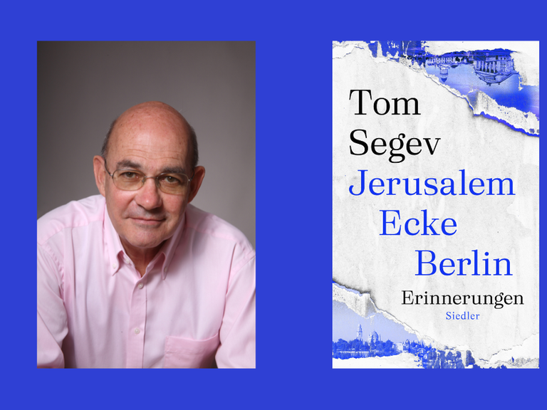 Das Buchcover  "Jerusalem Ecke Berlin. Erinnerungen" udn ein Portrait des Autors Tom Segev vor einem blauen Hintergrund