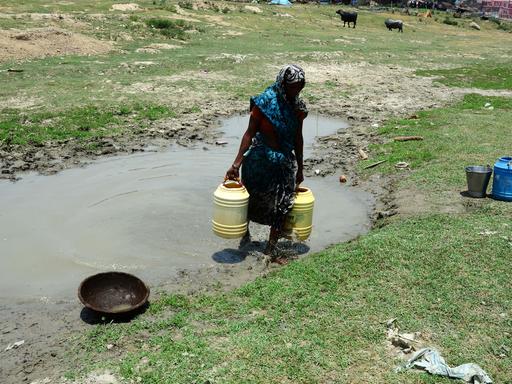 Eine Frau trägt einen Behälter voller Wasser nahe einer fast eingetrockneten Wasserstelle in Allahabad.