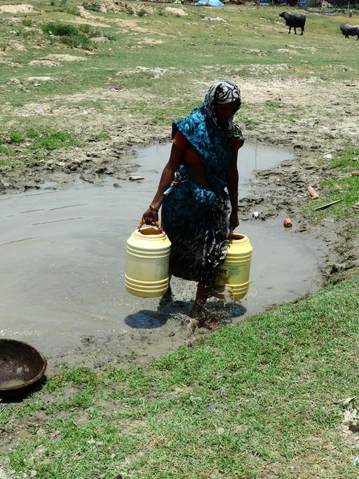 Eine Frau trägt einen Behälter voller Wasser nahe einer fast eingetrockneten Wasserstelle in Allahabad.