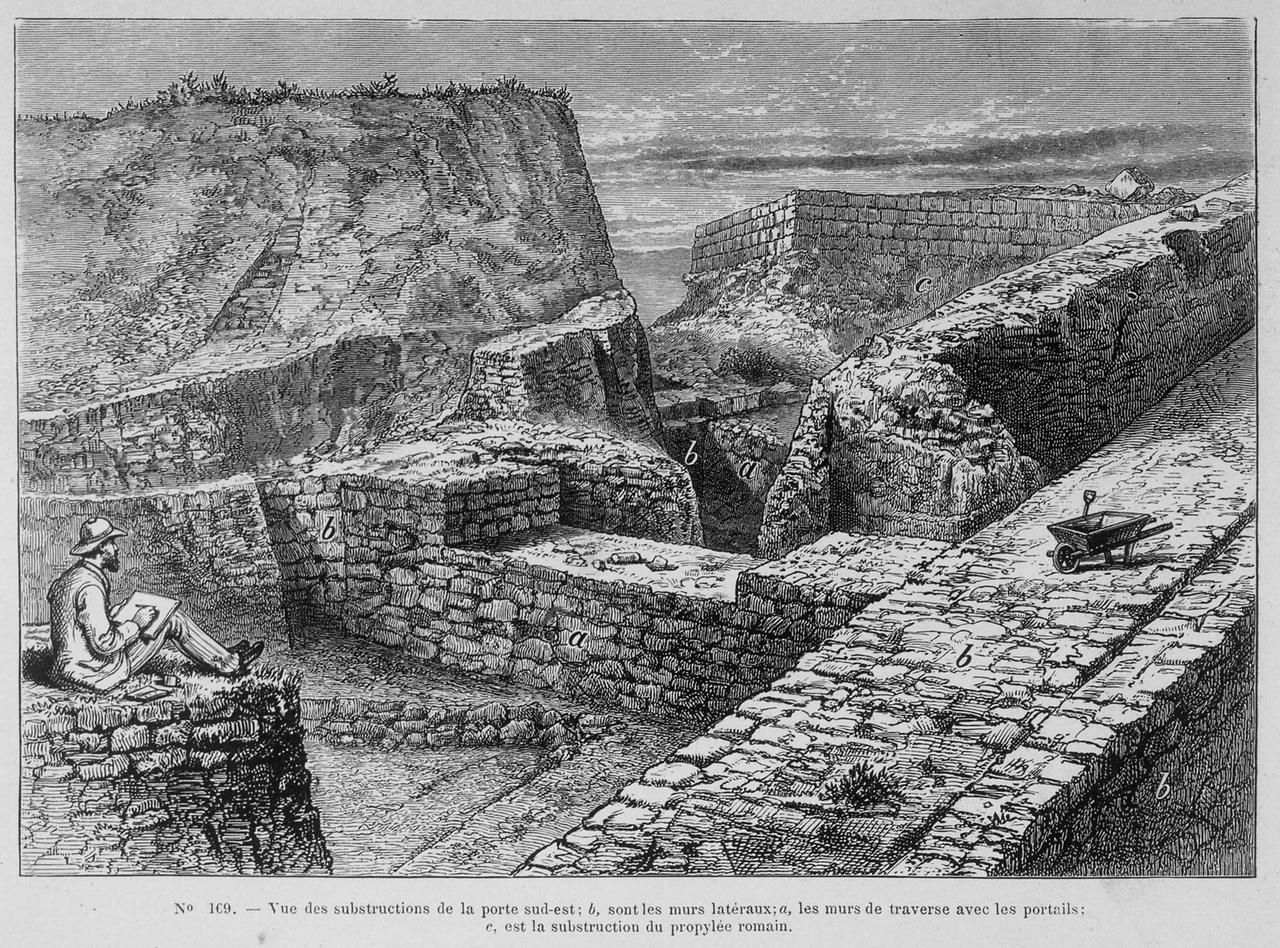 Blick auf Schliemanns Ausgrabungen von "Troja" in einem historischen Stich