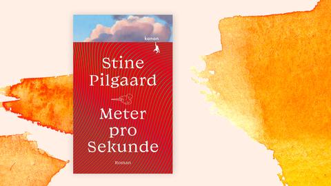 Das Cover des Buches "Meter pro Sekunde" der Dänin Stine Pilgaard vor orangefarbenem Hintergrund. Der Name der Autorin und des Buches sind mit weißer Schrift auf Rot geschrieben. Im obersten Teil des Covers sind Wolken zu sehen. 