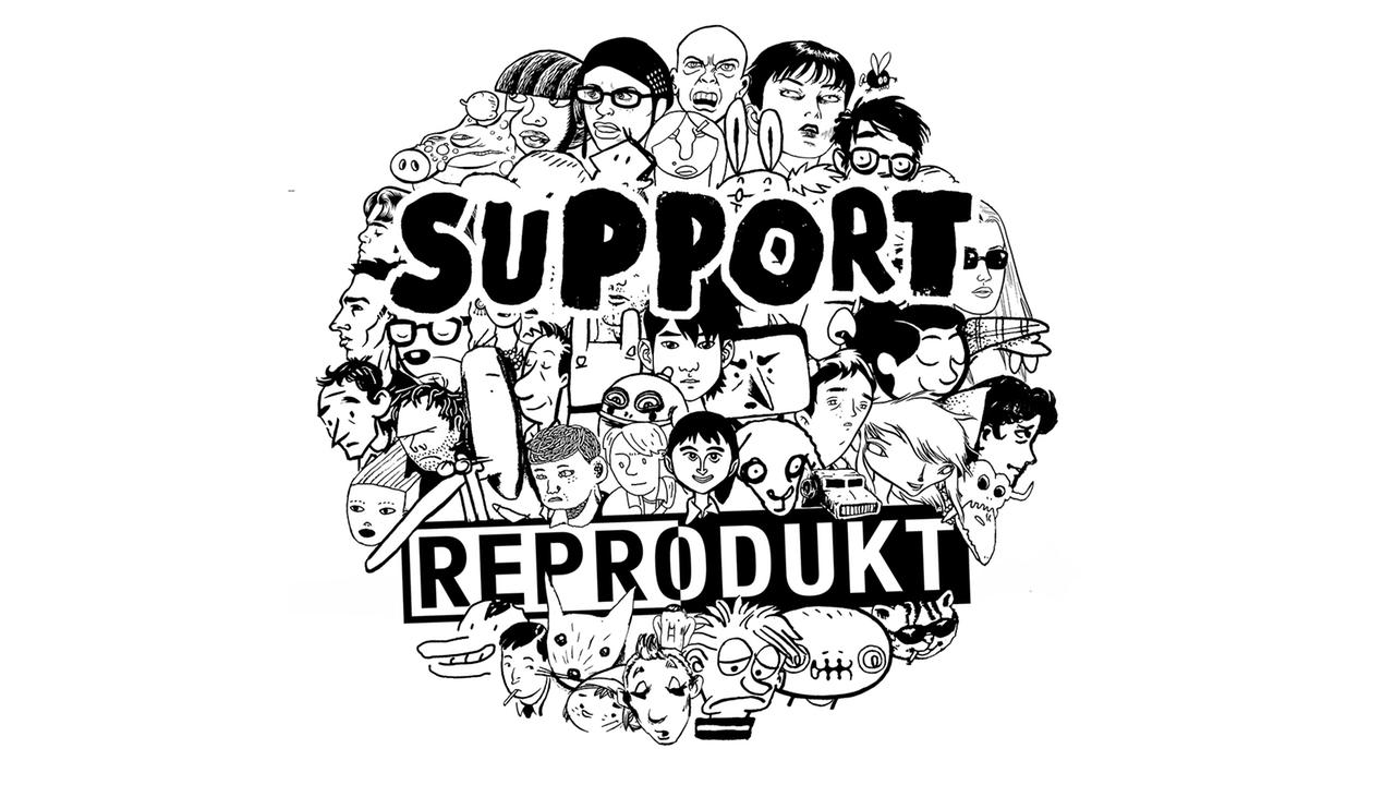 Illustration von mehreren Gesichtern mit dem Schriftzug "Support Reprodukt" Illustration von mehreren Gesichtern mit dem Schriftzug "Support Reprodukt"