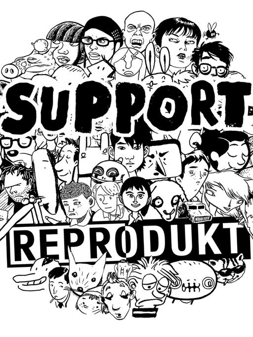 Illustration von mehreren Gesichtern mit dem Schriftzug "Support Reprodukt"