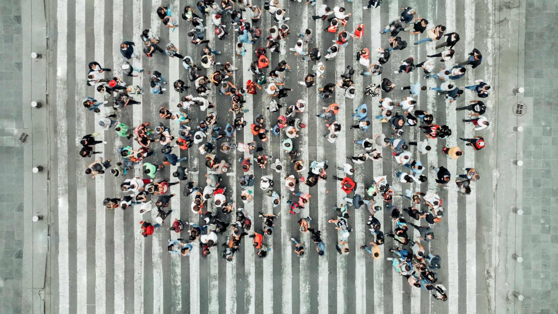 Vogelperspektive auf eine Gruppe von Menschen, die auf einem Zebrastreifen steht und als Masse die Form einer Sprechblase abbilden. Wird da Dialekt gesprochen?
