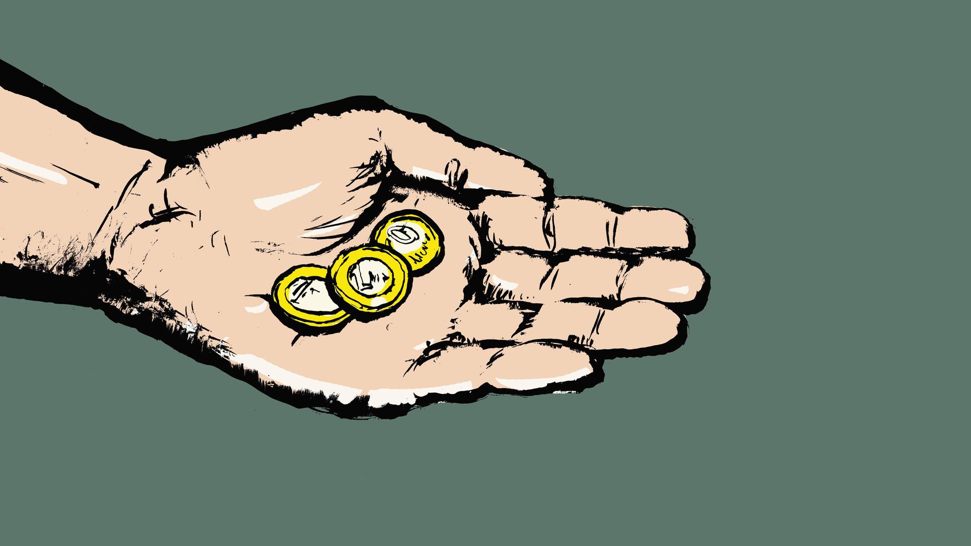 Illustration: Eine Hand hält ein paar Münzen vor grünem Hintergrund. Illustration: Eine Hand hält ein paar Münzen vor grünem Hintergrund.