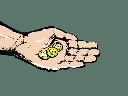 Illustration: Eine Hand hält ein paar Münzen vor grünem Hintergrund.