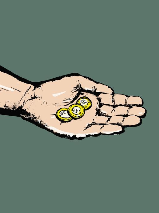 Illustration: Eine Hand hält ein paar Münzen vor grünem Hintergrund.