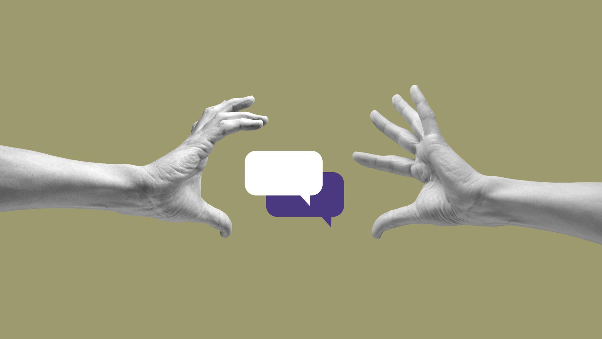 Collage: Zwei Hände in Schwarzweiß greifen nach zwei Sprechblasen, die an einen Onlinechat erinnern. Collage: Zwei Hände in Schwarzweiß greifen nach zwei Sprechblasen, die an einen Onlinechat erinnern.
