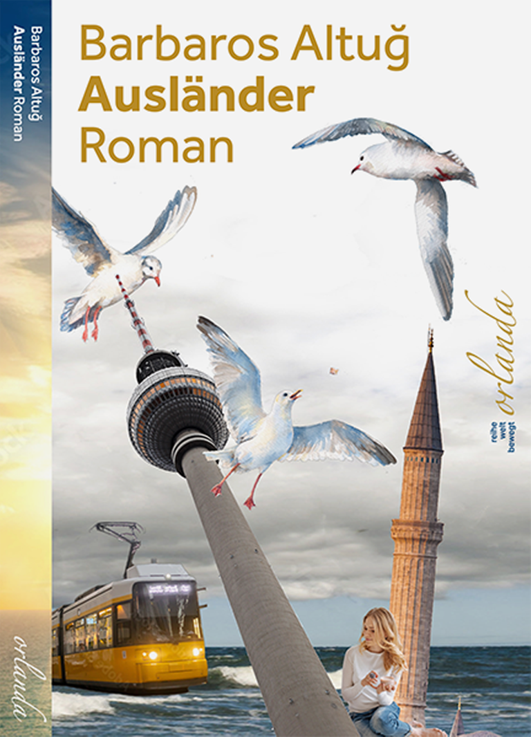 Auf dem Cover ist eine Collage zu sehen mit einem zur Seite geneigten Berliner Fernsehturm, einem Minarett, einer Berliner Trambahn und mehreren Möwen. Darüber der Autorenname und der Buchtitel. Auf dem Cover ist eine Collage zu sehen mit einem zur Seite geneigten Berliner Fernsehturm, einem Minarett, einer Berliner Trambahn und mehreren Möwen. Darüber der Autorenname und der Buchtitel.