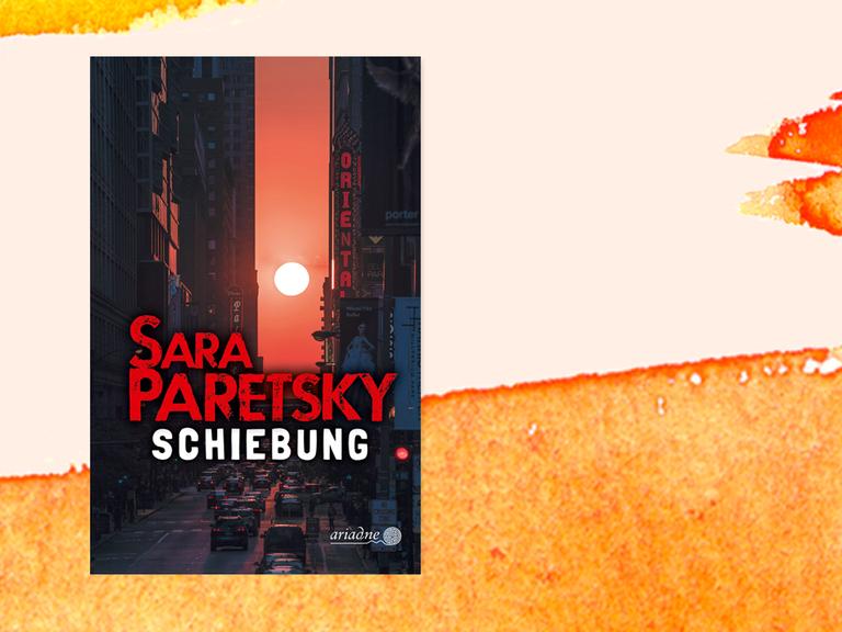 Das Buchcover von Sara Paretskys Krimi "Schiebung". Es zeigt eine in rötliche Farben getauchte Straßenschlucht, am Horizont ein Himmelskörper, der für diese Farbe sorgt. 