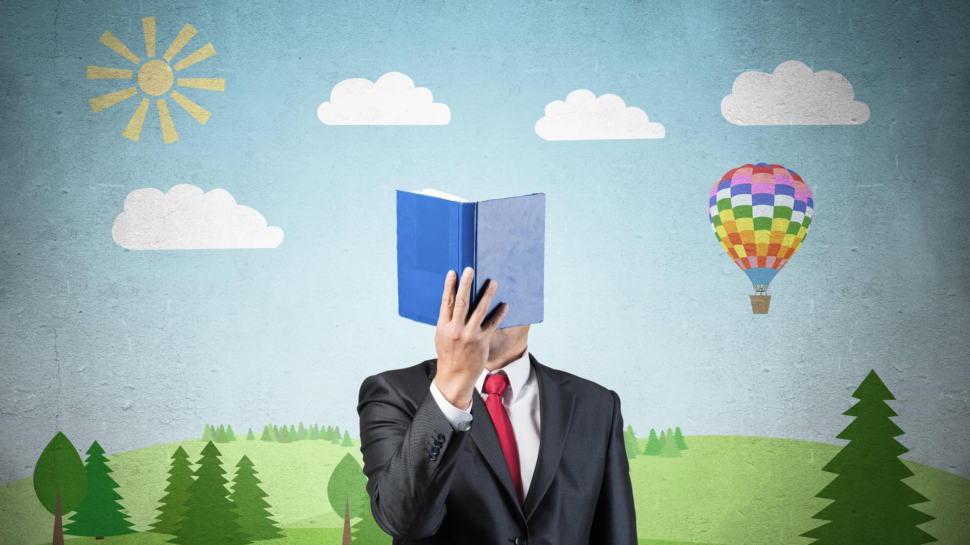 Die Illustration zeigt einen Mann im Anzug, der sich ein Buch vor das Gesicht hält, in einer sommerlichen Landschaft mit Sonne links und einem bunten Heißluftballon rechts. Die Illustration zeigt einen Mann im Anzug, der sich ein Buch vor das Gesicht hält, in einer sommerlichen Landschaft mit Sonne links und einem bunten Heißluftballon rechts.
